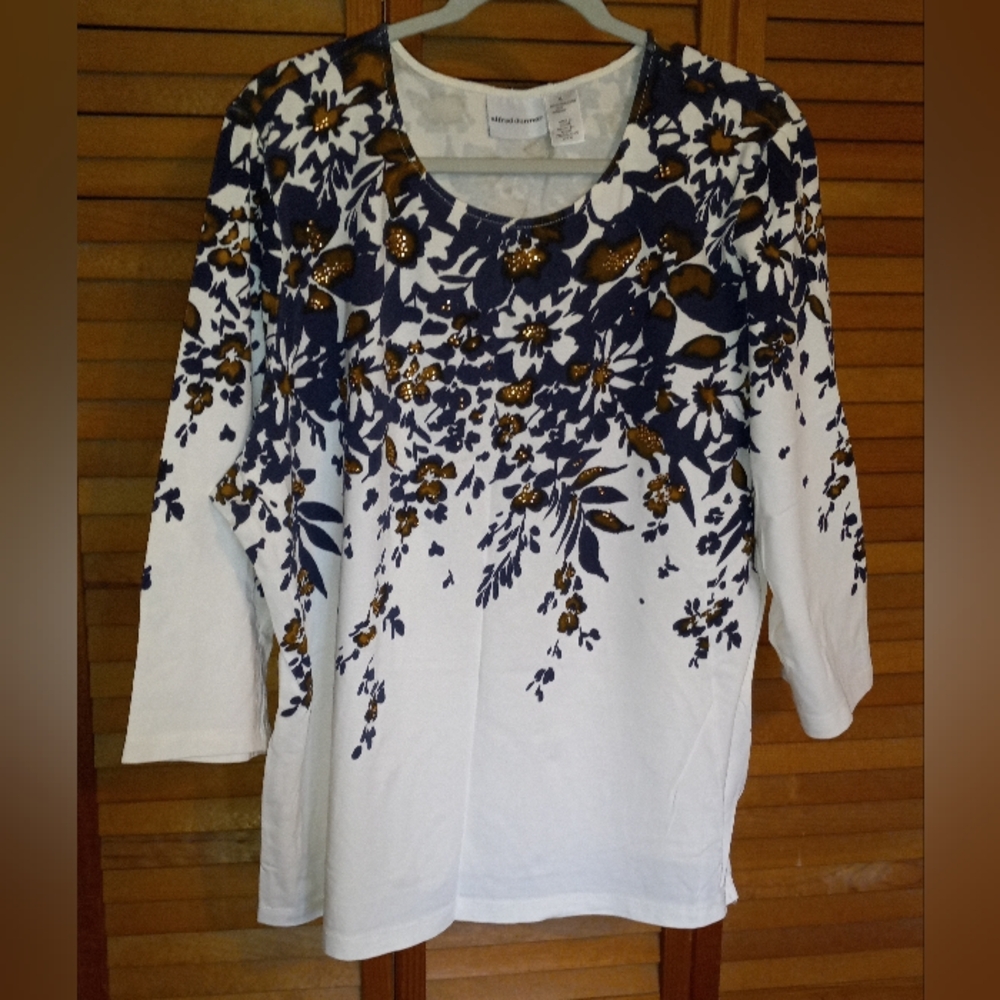 Alfred Dunner Navy Blue & Off White Ladies Bloue 3/4 Sleeve SZ XL